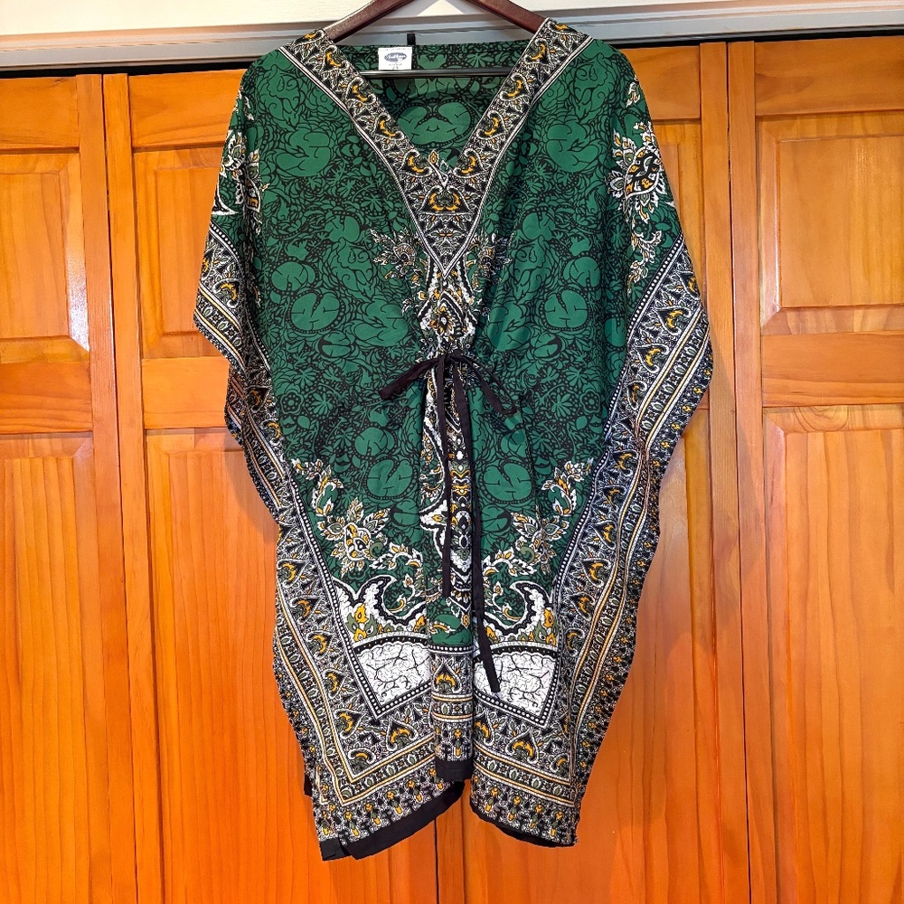 Kaftan/Tunic In Green, Black, White and Yellow, Drawstring, One Size